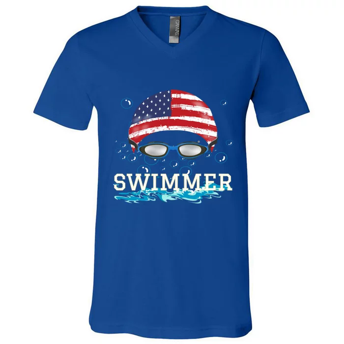 Swim Swimmer Gift Funny Swimming Sports Usa Flag Cap Tee V-Neck T-Shirt