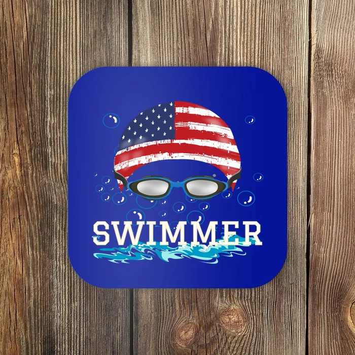 Swim Swimmer Gift Funny Swimming Sports Usa Flag Cap Tee Coaster