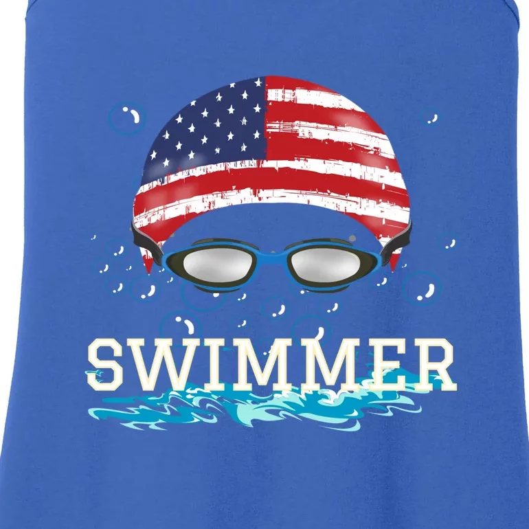 Swim Swimmer Gift Funny Swimming Sports Usa Flag Cap Tee Ladies Essential Tank