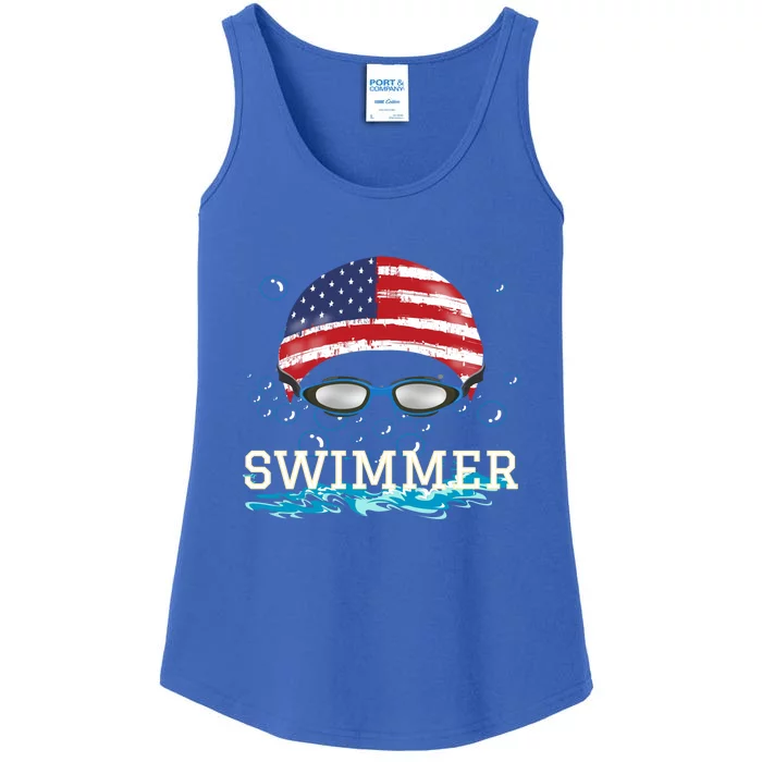 Swim Swimmer Gift Funny Swimming Sports Usa Flag Cap Tee Ladies Essential Tank