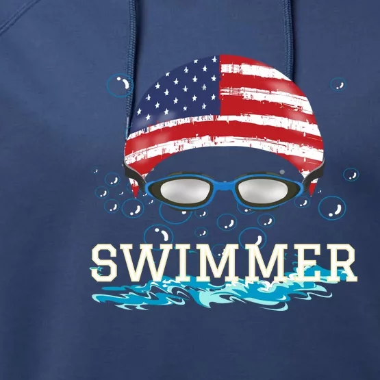 Swim Swimmer Gift Funny Swimming Sports Usa Flag Cap Tee Performance Fleece Hoodie