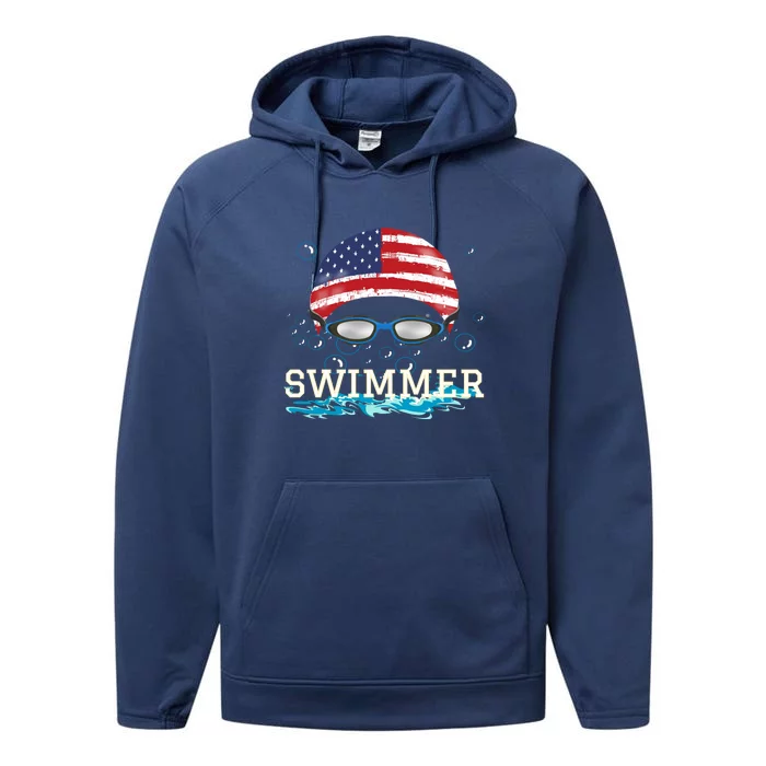 Swim Swimmer Gift Funny Swimming Sports Usa Flag Cap Tee Performance Fleece Hoodie