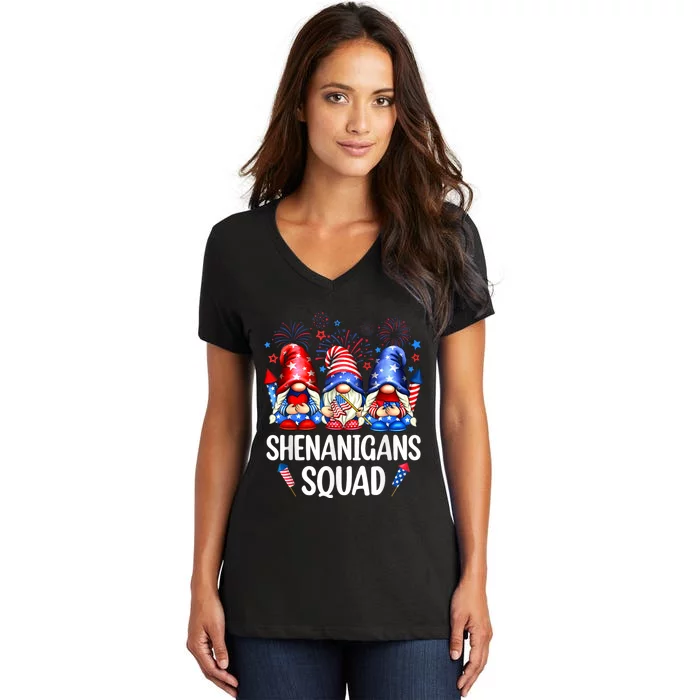 Shenanigans Squad Gnomes USA Independence Day 4th Of July Women's V-Neck T-Shirt