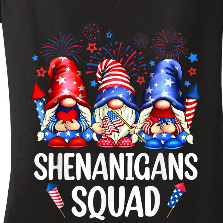 Shenanigans Squad Gnomes USA Independence Day 4th Of July Women's V-Neck T-Shirt