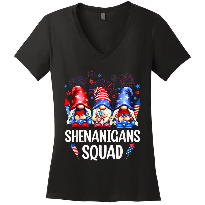 Shenanigans Squad Gnomes USA Independence Day 4th Of July Women's V-Neck T-Shirt