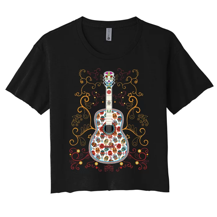 Sugar Skull Guitar Art Design Beautiful colorful guitar Women's Crop Top Tee