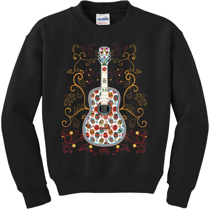 Sugar Skull Guitar Art Design Beautiful colorful guitar Kids Sweatshirt