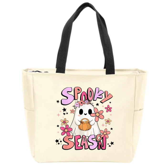 Spooky Season Ghost Retro Groovy Halloween Women Girl Zip Tote Bag