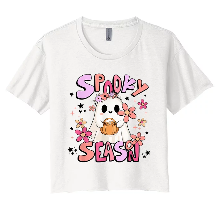 Spooky Season Ghost Retro Groovy Halloween Women Girl Women's Crop Top Tee