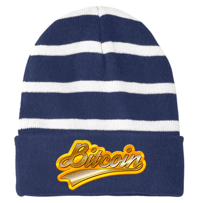 Sporty Style Gold Bitcoin Striped Beanie with Solid Band