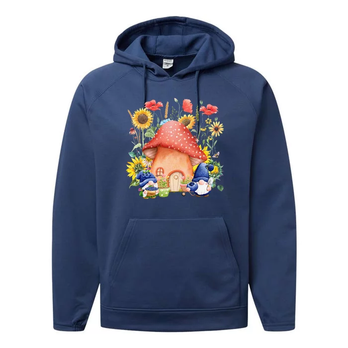 Summer Sunflower Gnomes Mushroom Village Garden Performance Fleece Hoodie