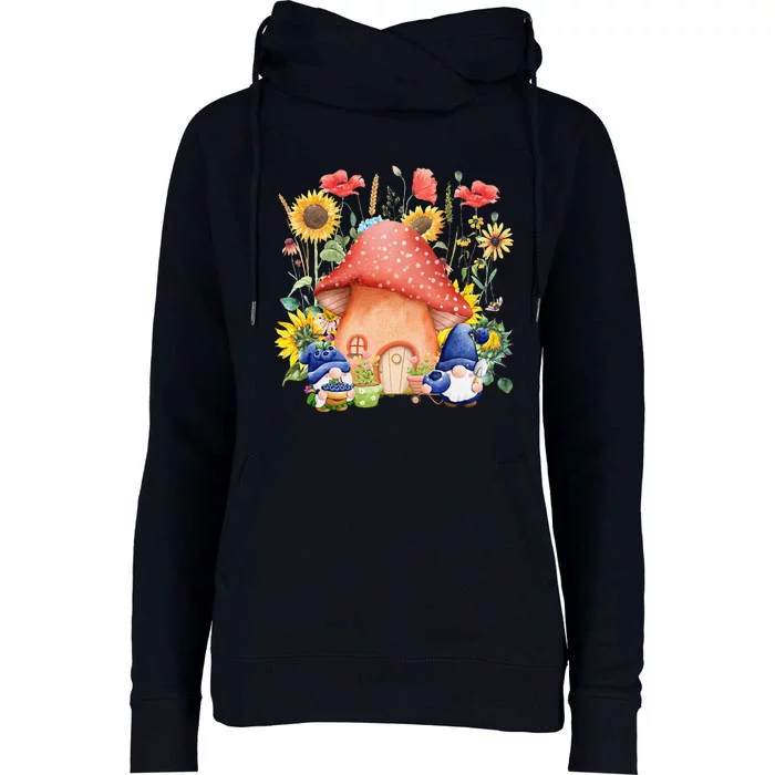 Summer Sunflower Gnomes Mushroom Village Garden Womens Funnel Neck Pullover Hood