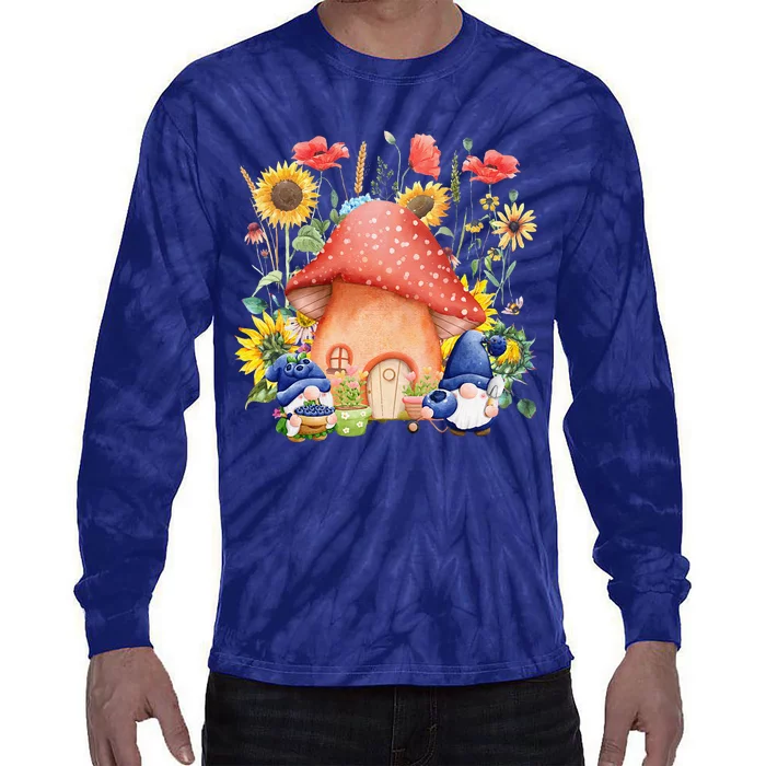 Summer Sunflower Gnomes Mushroom Village Garden Tie-Dye Long Sleeve Shirt