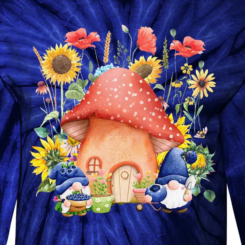 Summer Sunflower Gnomes Mushroom Village Garden Tie-Dye Long Sleeve Shirt