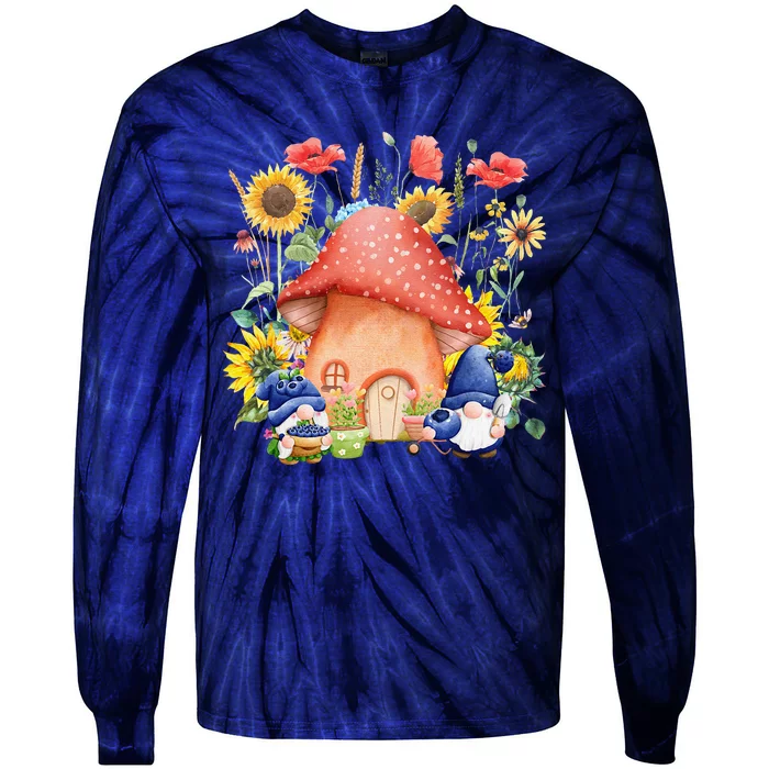 Summer Sunflower Gnomes Mushroom Village Garden Tie-Dye Long Sleeve Shirt