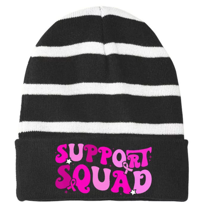 Support Squad Groovy Pink Ribbon Breast Cancer Awareness Striped Beanie with Solid Band