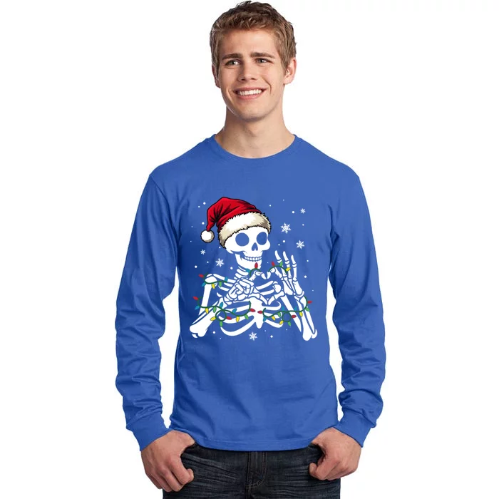 Skeleton Santa Hat Heart Hands Sign Christmas Gift Tall Long Sleeve T-Shirt