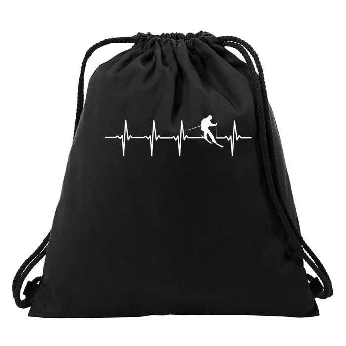 Skiing Ski Heartbeat TShirt Gift For Skiers Drawstring Bag