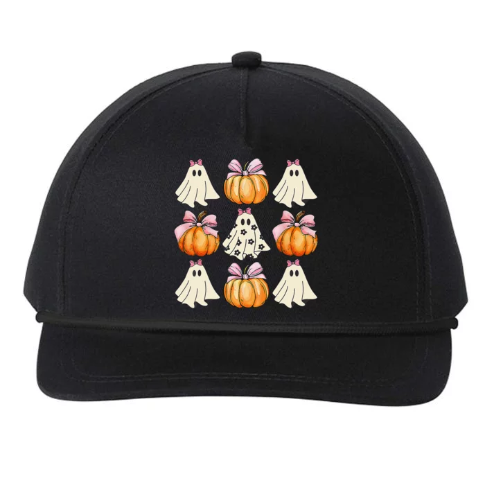 Spooky Season Halloween Ghost Pumpkin Ribbon Coquette Bow Gift Snapback Five-Panel Rope Hat