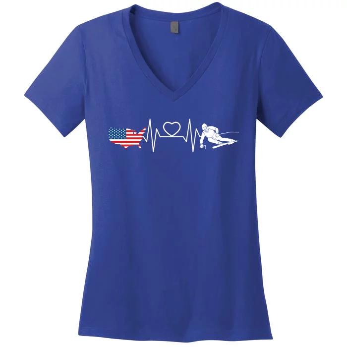 Skiing Ski Heartbeat Patriotic American Flag Usa Skier Gift Women's V-Neck T-Shirt