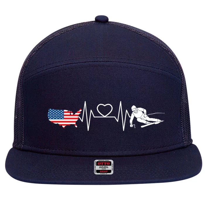 Skiing Ski Heartbeat Patriotic American Flag Usa Skier Gift 7 Panel Mesh Trucker Snapback Hat