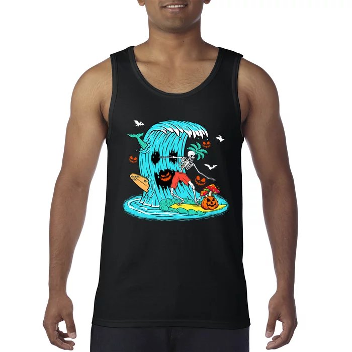 Skeleton Surfing Hawaiian Halloween Surfer Horror Pumpkin Tank Top