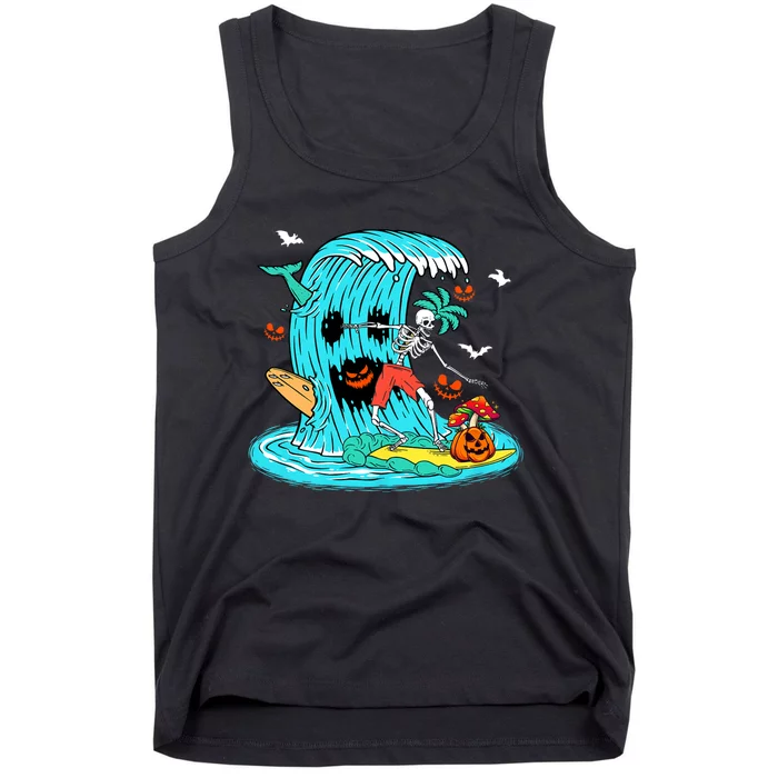 Skeleton Surfing Hawaiian Halloween Surfer Horror Pumpkin Tank Top