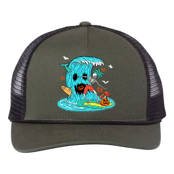 Skeleton Surfing Hawaiian Halloween Surfer Horror Pumpkin Retro Rope Trucker Hat Cap