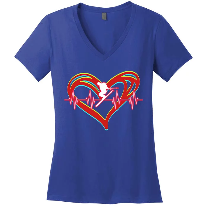 Snow Skiing Heartbeat Skiing Lover Adrenaline Junkie Gift Women's V-Neck T-Shirt