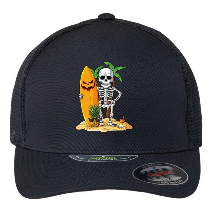 Skeleton Surfing Halloween Hawaii Hawaiian Surfer Flexfit Unipanel Trucker Cap