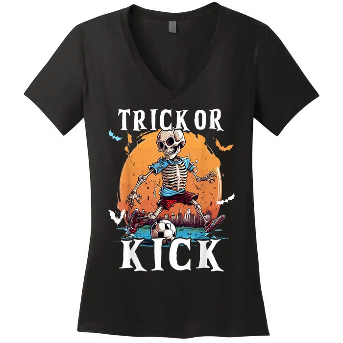 Soccer Skeleton Halloween Soccer Player Halloween Women's V-Neck T-Shirt