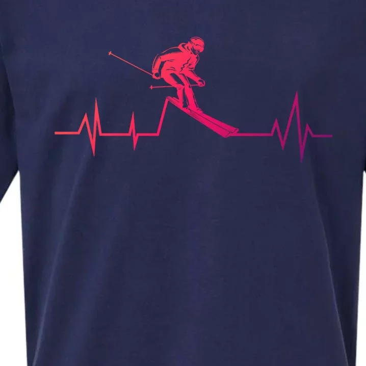 Skiing Ski Heartbeat Funny Skier Skiing Funny Gift Sueded Cloud Jersey T-Shirt