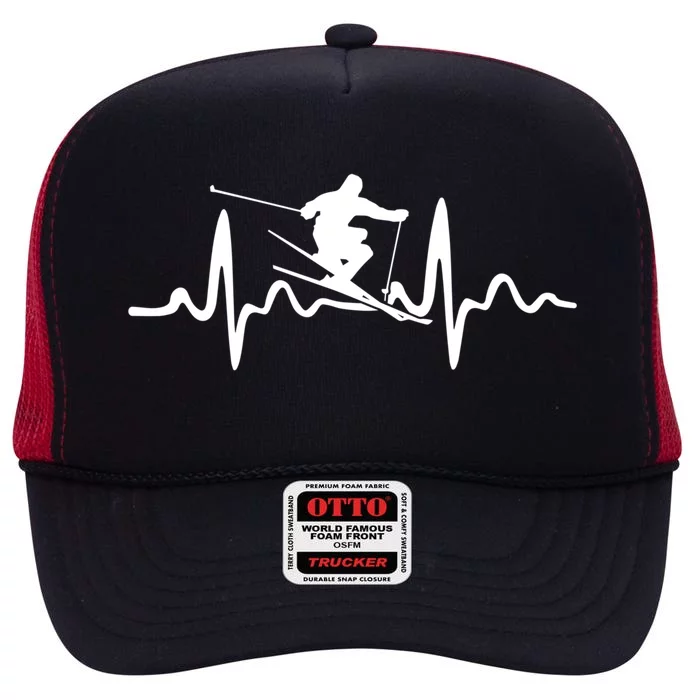 Skiing Skier Heartbeat Gift High Crown Mesh Trucker Hat