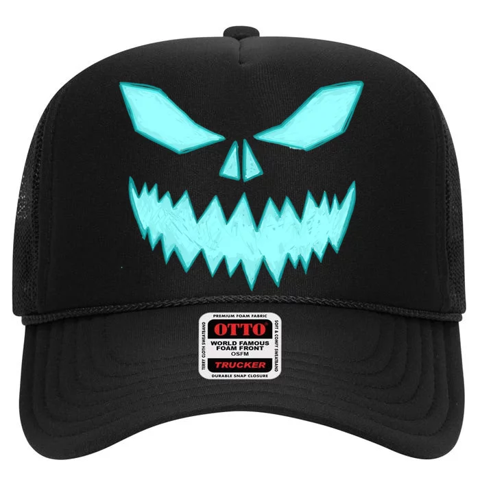 Scary Spooky Halloween Jack O Lantern Face Pumpkin High Crown Mesh Trucker Hat