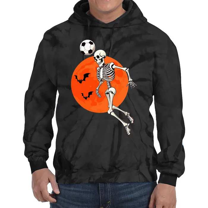 Soccer Skeleton Heading Ball Soccer Player Halloween Moon Tie Dye Hoodie