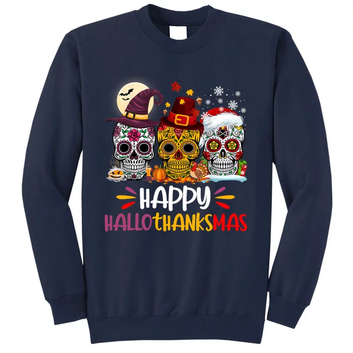 Sugar Skull Hallothankmas Halloween Thanksgiving Christmas Tall Sweatshirt