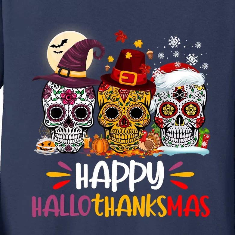 Sugar Skull Hallothankmas Halloween Thanksgiving Christmas Kids Long Sleeve Shirt