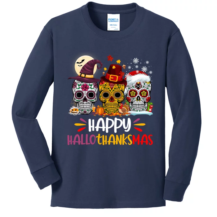 Sugar Skull Hallothankmas Halloween Thanksgiving Christmas Kids Long Sleeve Shirt