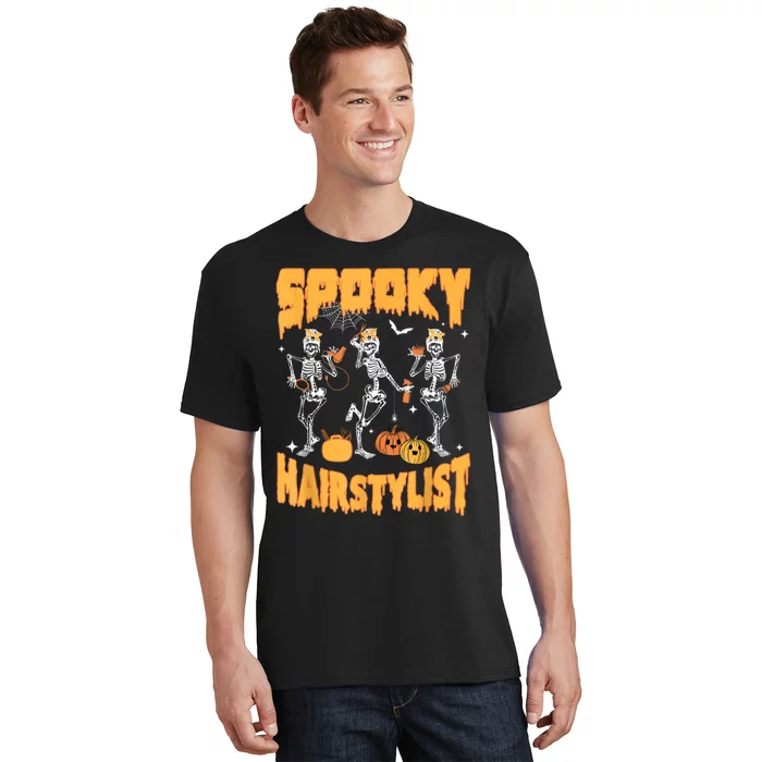 Spooky Season Halloween Hairstylist Skeleton And Pumpkins T-Shirt