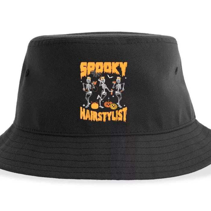 Spooky Season Halloween Hairstylist Skeleton And Pumpkins Sustainable Bucket Hat