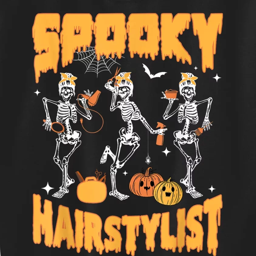 Spooky Season Halloween Hairstylist Skeleton And Pumpkins Kids Sweatshirt