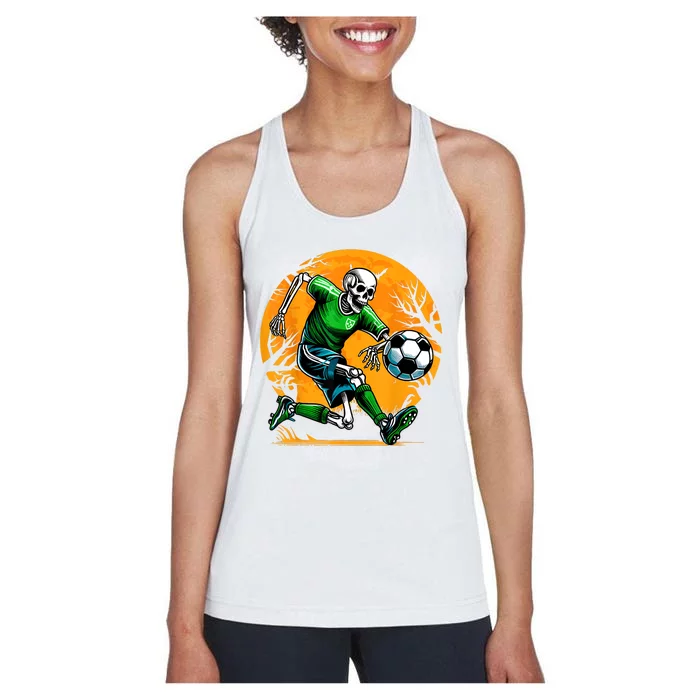 Soccer Skeleton Halloween Football Spooky Boy Soccer Player Women's Racerback Tank