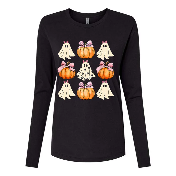 Spooky Season Halloween Ghost Pumpkin Ribbon Coquette Bow Womens Cotton Relaxed Long Sleeve T-Shirt