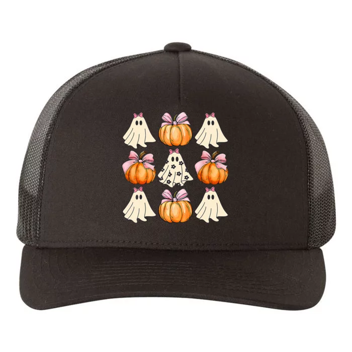 Spooky Season Halloween Ghost Pumpkin Ribbon Coquette Bow Yupoong Adult 5-Panel Trucker Hat