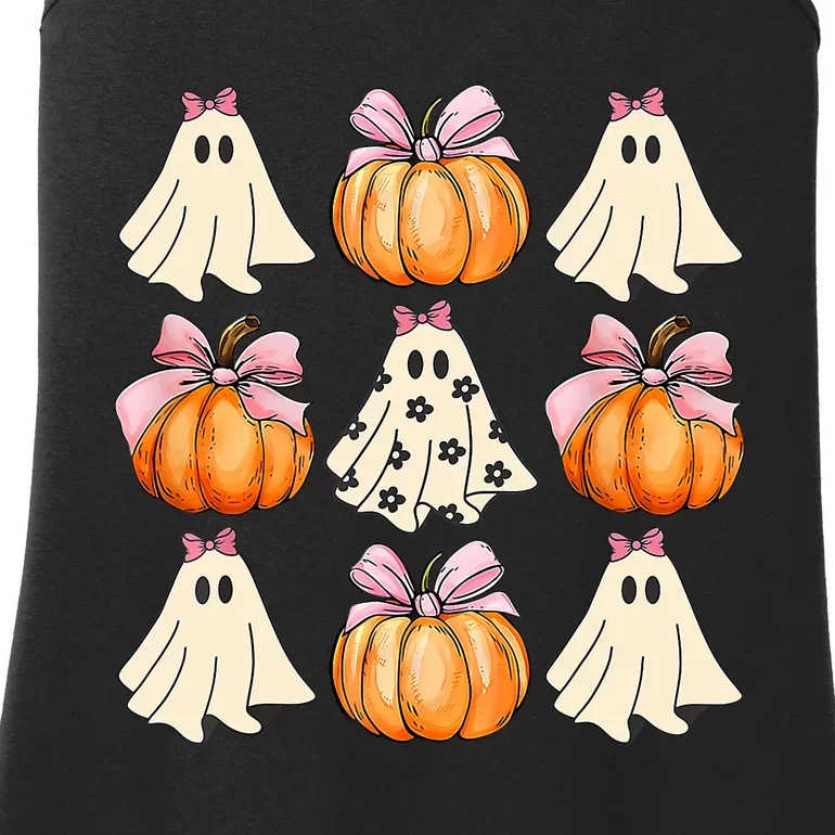 Spooky Season Halloween Ghost Pumpkin Ribbon Coquette Bow Ladies Essential Tank