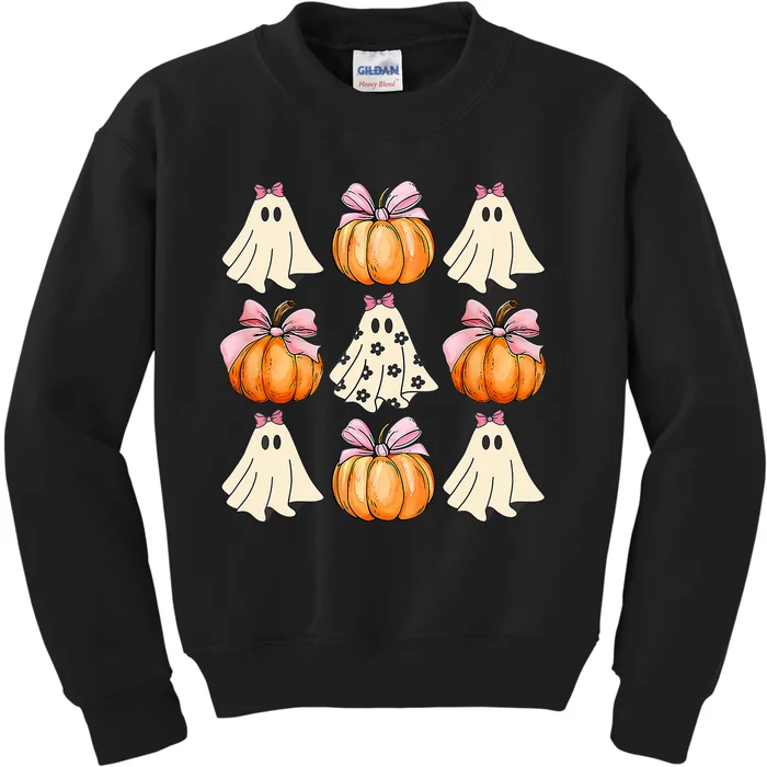 Spooky Season Halloween Ghost Pumpkin Ribbon Coquette Bow Kids Sweatshirt