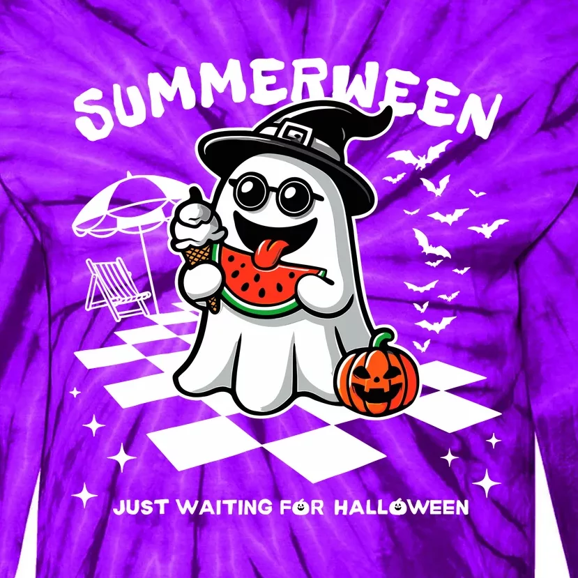 Summerween Spooky Halloween Summer Vibes Pumpkin Ghost Tie-Dye Long Sleeve Shirt