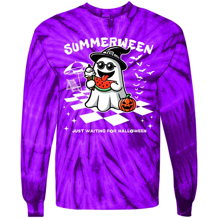 Summerween Spooky Halloween Summer Vibes Pumpkin Ghost Tie-Dye Long Sleeve Shirt