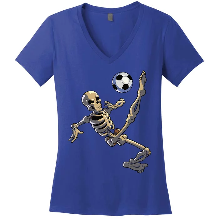 Soccer Skeleton Halloween Funny Soccer Player Halloween Cute Women's V-Neck T-Shirt