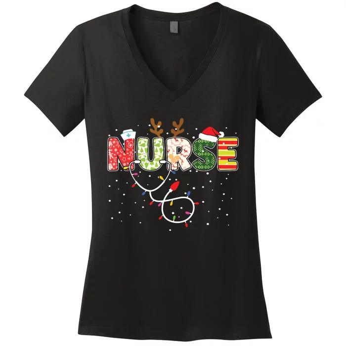 Stethoscope Santa Hat Reindeer Xmas Christmas Nurse Women's V-Neck T-Shirt